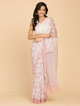 Fabindia - Pink Cotton Silk Blend Hand Block Printed Saree