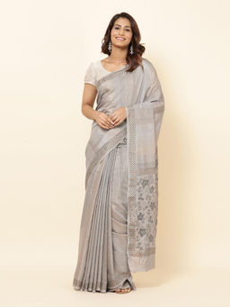 Fabindia - Grey Modal Hand Block Floral Woven Sareewith Unstithed Blouse