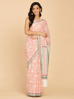 Fabindia - Peach Cotton Hand Block Floral Printed Saree
