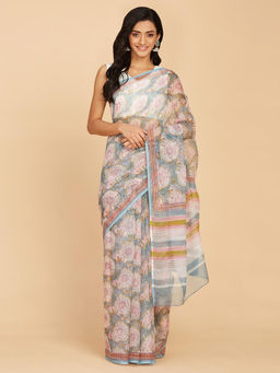 Fabindia - Light Blue Cotton Silk Blend Hand Block Floral Printed Saree