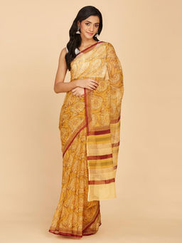 Fabindia - Mustard Cotton Silk Blend Hand Block Floral Printed Saree