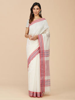 Fabindia - Off White Natural Cotton Silk Blend Maheshwari Sareewith Unstithed Blouse