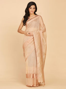 Fabindia - Brown Linen Silk Stripes Hand Woven Saree