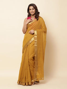 Fabindia - Mustard Cotton Hand Woven Sareewith Unstithed Blouse