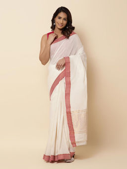 Fabindia - Off White Natural Cotton Hand Woven Sareewith Unstithed Blouse