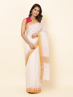 Fabindia - Off White Natural Linen Blend Woven Saree