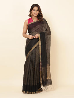 Fabindia - Black Cotton Silk Stripes Hand Woven Sareewith Unstithed Blouse