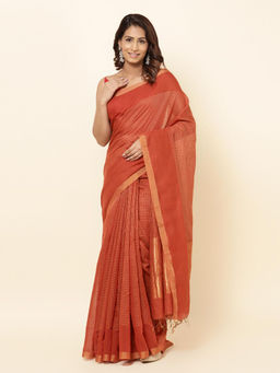 Fabindia - Rust Cotton Silk Stripes Hand Woven Sareewith Unstithed Blouse