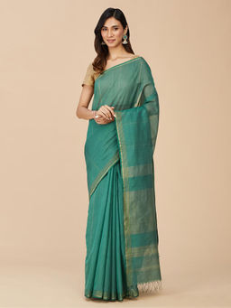 Fabindia - Green Cotton Silk Maheshwari Sareewith Unstithed Blouse