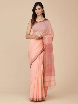 Fabindia - Peach Cotton Silk Maheshwari Sareewith Unstithed Blouse