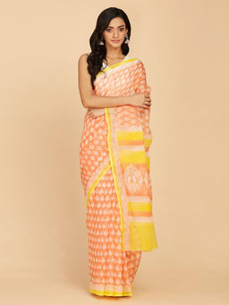 Fabindia - Orange Cotton Silk Blend Hand Block Printed Saree