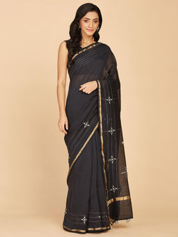Fabindia - Black Cotton Silk Desert Embroidered Saree