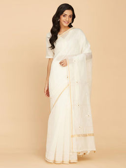 Fabindia - Off White Natural Cotton Silk Desert Embroidered Saree