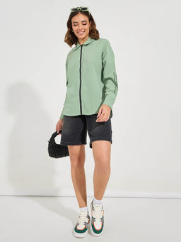 Styli - Women Green Oversized Back Slogan Print Zip Up Shirt