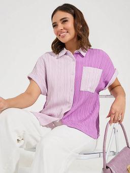 Styli - Women Purple Regular Fit Textured Color Block Shirt