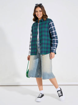 Styli - Women Green Contrast Checked Oversized Shirt