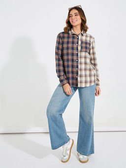 Styli - Women Multi Color Contrast Checked Print Oversized Shirt