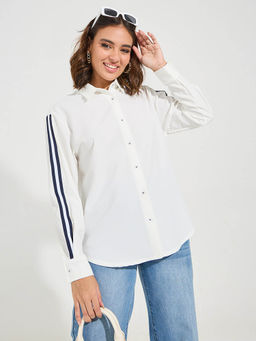Styli - Women White Taping Sleeve Detail Oversized Shirt