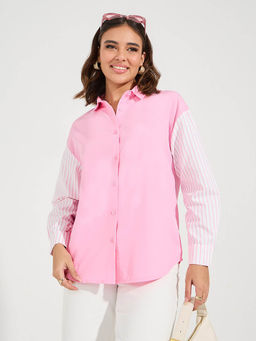 Styli - Women Pink Striped Detail Oversized Shirt with Back Print