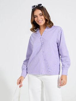 Styli - Women Blue Striped Oversized Shirt