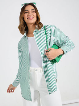 Styli - Women Green Striped Dropped Shoulder Oversized Shirt