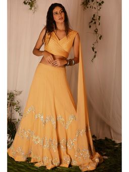Nirmooha - Yellow Embellished Blouse with Attached Dupatta and Hand Embroidered Lehenga