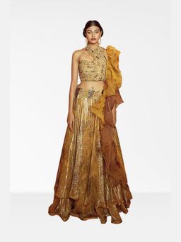 Nirmooha - Mustard Embellished Lehenga and Blouse with Ruffle Dupatta