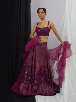 Nirmooha - Wine Backless Blouse and Embellished Lehenga with Ruffle Dupatta