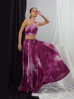 Nirmooha - Wine One Shoulder Printed Blouse and Skirt