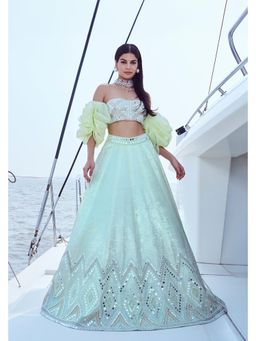 Nirmooha - Green Embellished Blouse with Detachable Puff Sleeves and Lehenga