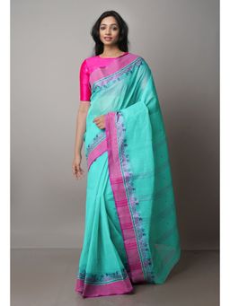 Unnati Silks - Turquoise Pure Handloom Superfine Bengal Cotton Saree