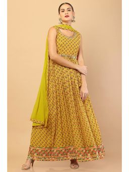 Soch - Women Yellow Floral Gown with Dupatta (Set of 2)