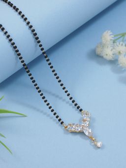 I Jewels - Gold Plated Single Line CZ Diamond Pendant with Black Bead Long Chain Mangalsutra (D117)