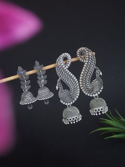 I Jewels - Traditional Stylish Fancy Oxidised Afghani Jhumka Earrings (Pack of 2)(E3288OX-E3283OX)