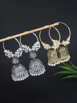 I Jewels - Traditional Afghani Stylish Fancy Design Jhumka Earrings (Pack of 2) (E3297OX-E3292FL)