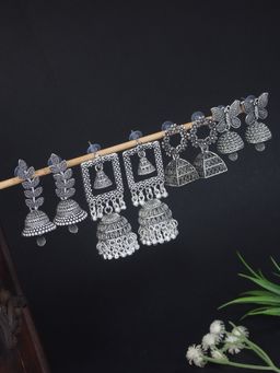 I Jewels - Silver Oxidised 4 different Design Afghani Jhumka Earrings (E3310OX-12-88-89)