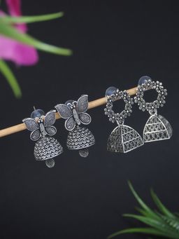 I Jewels - Traditional Stylish Silver Oxidised Afghani Jhumka Earrings (Pack of 2) (E3310OX-E3312OX)