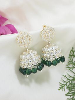 I Jewels - Green Gold Plated Traditional Kundan & Pearl Jhumka Earrings (E7300G)