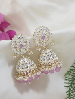 I Jewels - Purple Gold Plated Traditional Kundan & Pearl Jhumka Earrings (E7301Pu)