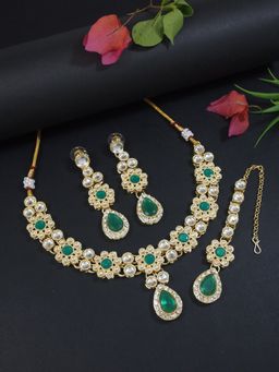 I Jewels - Green Gold Plated Traditional Kundan Stone Choker with Earrings & Maangtikka (IJ375G)