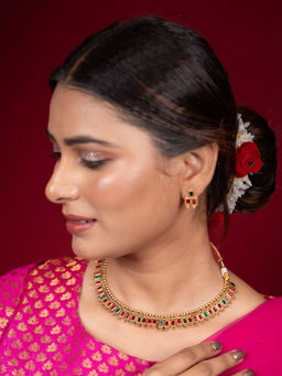 Niscka - Ethnic 24K Gold Plated Green & Pink Necklace with Earrings