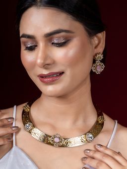 Niscka - Multi Color Stones Designer Gold Plated Antique Kundan Necklace with Earrings