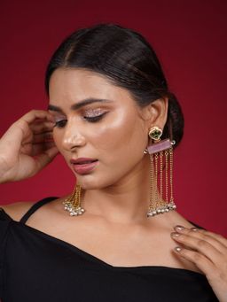 Niscka - Ghungru Pink & Green Kundan Dual Tone Drop Earrings