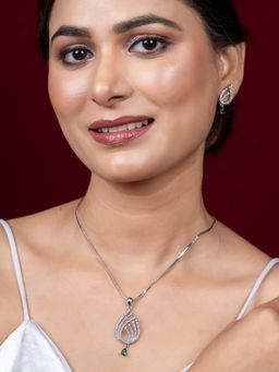 Niscka - Timeless Silver Plated Emerald & American Diamond Pendant & Earrings