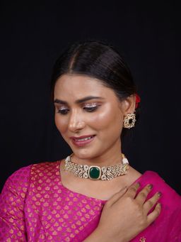 Niscka - Green Emerald Kundan Accents 24K Gold Plated Ethnic Choker Necklace with Earrings