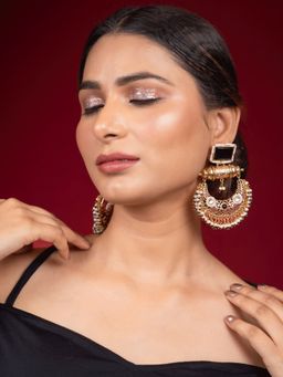 Niscka - Antique 24K Gold Plated Black Stone Pearl Chandbali Earrings