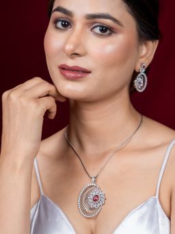 Niscka - Silver Rhodium Plated Red American Diamond Chain Pendant with Earrings