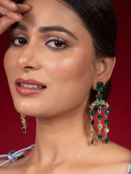 Niscka - Gold Plated Stylish Green CZ Studded Chandelier Drop Earrings