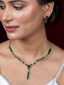 Niscka - Silver Plated Green American Diamond Necklace with Earrings