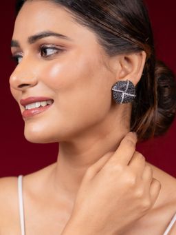 Niscka - Rhodium Plated Circular Black American Diamond Earrings